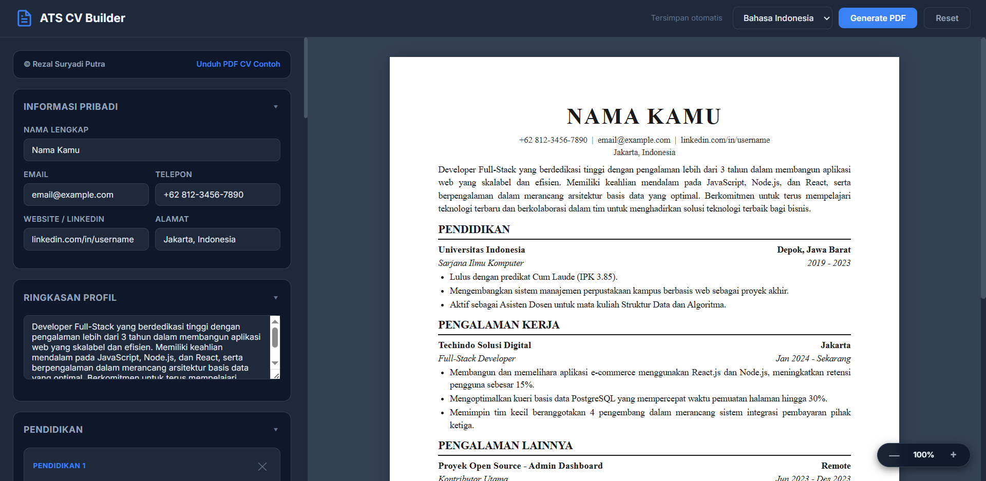 Tampilan ATS CV Builder